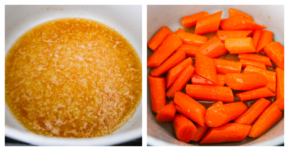 Roasted brown butter honey garlic carrots make an excellent side dish. Roasted to tender perfection in the most incredible sauce these will instantly become a new favorite! 2-photo collage of sliced carrots being coated in the sauce.