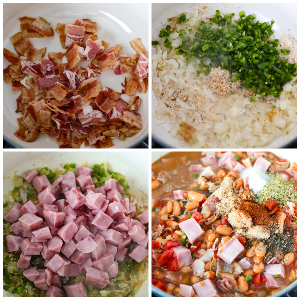 Mexican Charro Beans, also known as Frijoles Charros, are loaded to the brim with flavor! Pinto beans are cooked in a chicken broth seasoned with warm and inviting spices. Throw in some bacon, tomato, onions, ham, and jalapeños for the perfect blend of bold flavors. Process photos showing all of the ingredients and how to prepare them.