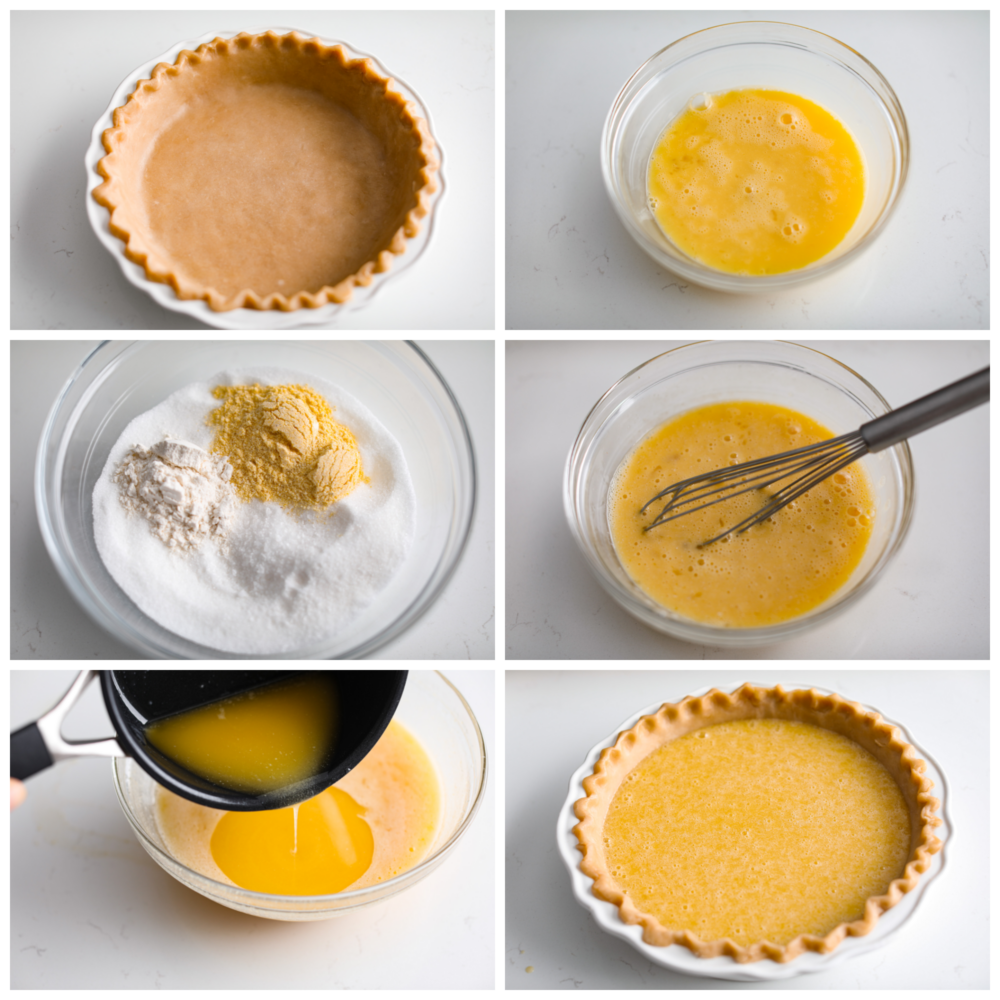 This classic Southern dessert is a delicious combination of sweet, tangy, and buttery flavors all wrapped up in a flaky crust. Its custard-like filling has a smooth and creamy texture that will have you hooked. And the best part? Chess pie is super easy to make and only takes 10 minutes of prep! Collage of chess pie filling being prepared.