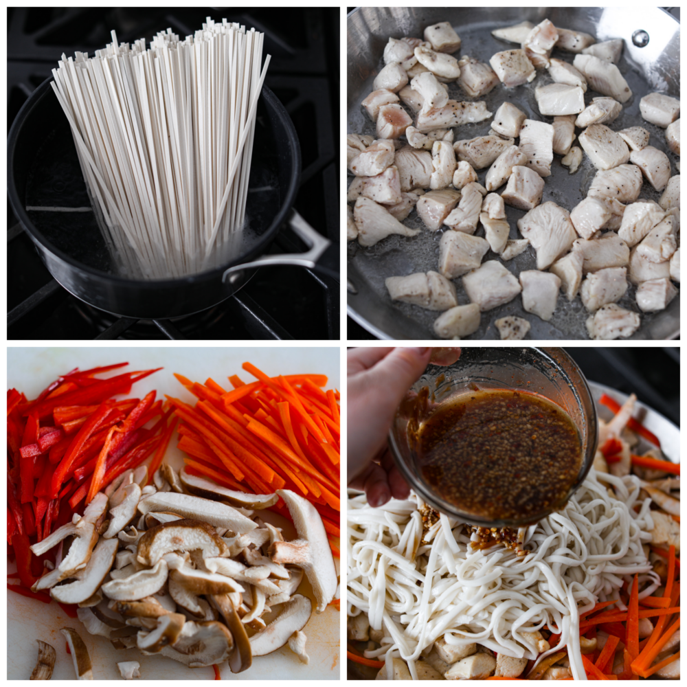 Homemade Chicken Lo Mein is a classic Chinese noodle dish that tastes so much better than takeout! Noodles drenched in a delicious savory sauce paired with perfectly cooked chicken and tender peppers and carrots makes for a yummy and satisfying meal. Process photos showing how to cook the noodles, the meat, and prepare the sauce.