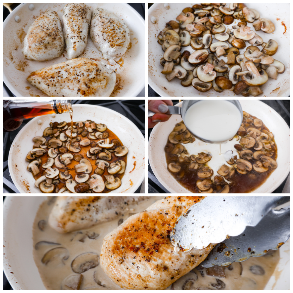 Creamy Chicken Marsala is a classicย Italianย dish that is ready in under 30 minutes! Marsala wine is made into a creamy sauce paired with mushrooms for the ultimate savory bite. It's simple and easy to whip up and sure to be a crowd-pleaser! Process photos showing how to prepare the ingredients and make the sauce.