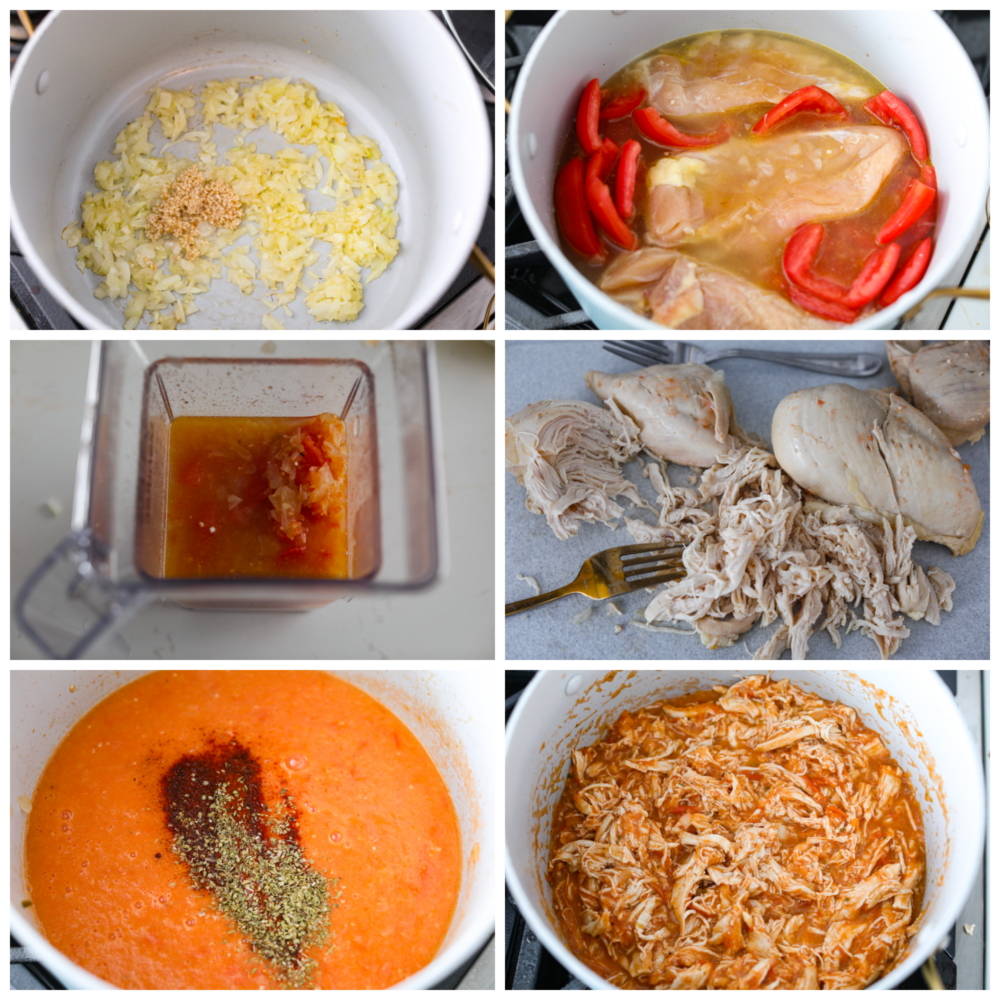 If you're a fan of Mexican cuisine, you have to try chicken tinga! This delicious dish is a classic from the Puebla region and is made with shredded chicken that's been simmered in a flavorful tomato-based sauce with smoky chipotle peppers. The result is a savory, slightly spicy, and oh-so-tasty dish that's perfect for tacos, tostadas, or just served over rice. Trust me, once you taste it, you'll be hooked! 6-photo collage of onion and garlic being sautéed, chicken being cooked, and sauce being prepared.