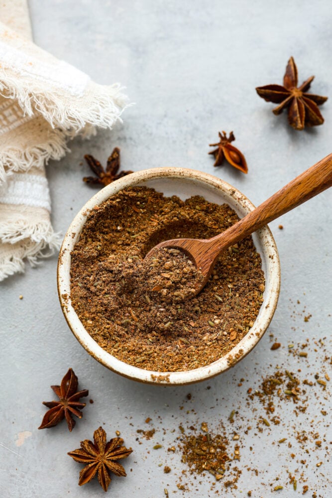 If you have ever made spice blends at home, you know that they taste SO much better than store bought. This Chinese Five Spice blend has off the charts flavor that is perfect for your next Asian dish. An overhead view of Chinese five spice.