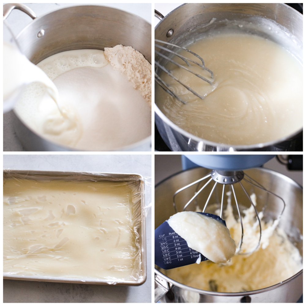 Ermine frosting, sometimes called roux frosting or flour frosting, is made by cooking flour, sugar, and milk. Never heard of it? I hadn't either, but it's actually a super light and fluffy frosting (that does NOT taste flour-y at all) that reminds me of sweet whipped cream. You are going to love this unique frosting! Process photos showing how to make the sweet roux and paste, then whip it up.
