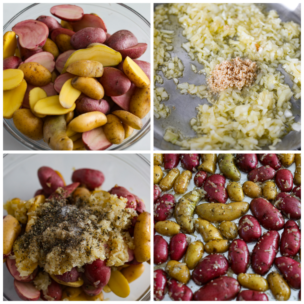 Roasted Fingerling Potatoes are thin skinned and crispy on the outside, yet so creamy and smooth on the inside. They are smaller potatoes, so they cook quickly and are loaded with fresh seasonings that make these potatoes irresistible. Process photos showing how to prepare and bake the recipe.