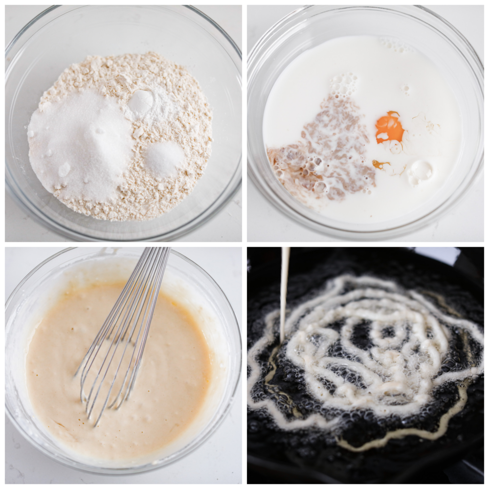 Skip the fair and make your own funnel cake at home! The batter is so quick and easy, you only need 20 minutes to make this fun treat at home. It will feel like a night out and taste better than any funnel cake you've ever had. Process photos showing how the batter is made and poured into the pan.