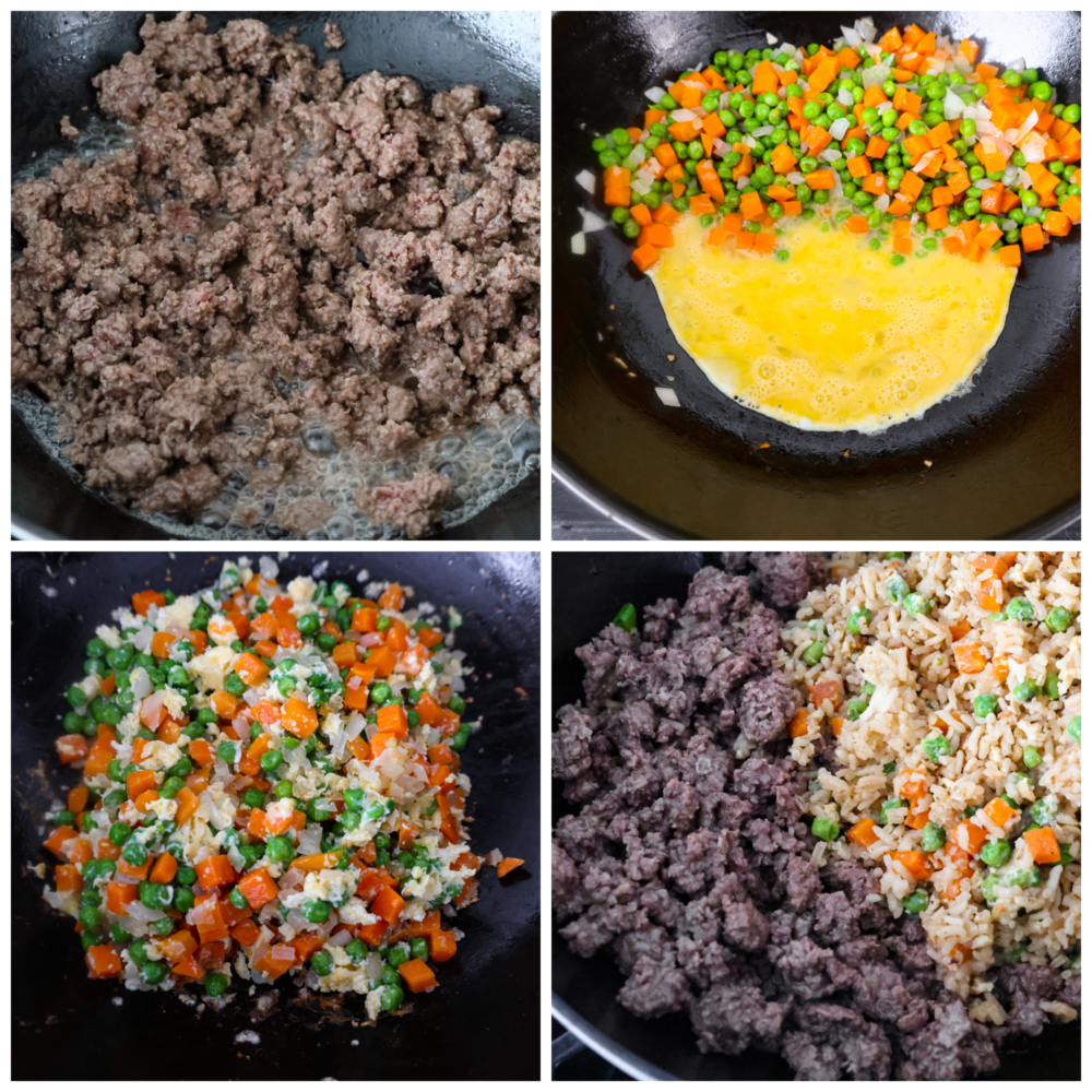 This easy Beef Fried Rice is ready in under 30 minutes and so delicious! It's a great way to reinvent leftover rice into a filling and satisfying meal that the whole family will love. With just a few simple ingredients, you'll find yourself making this recipe all the time! Process photos showing how to prepare the ingredients in the wok.