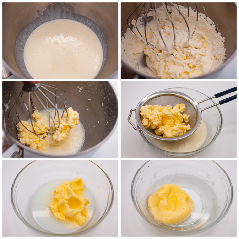 Storebought butter can be full of unnecessary and lower quality ingredients- make your own butter at home instead! You will be blown away by how flavorful and delicious this homemade butter is. Not to mention it's a really fun activity for the whole family too! Process photos showing how to whip up the heavy cream and strain it.