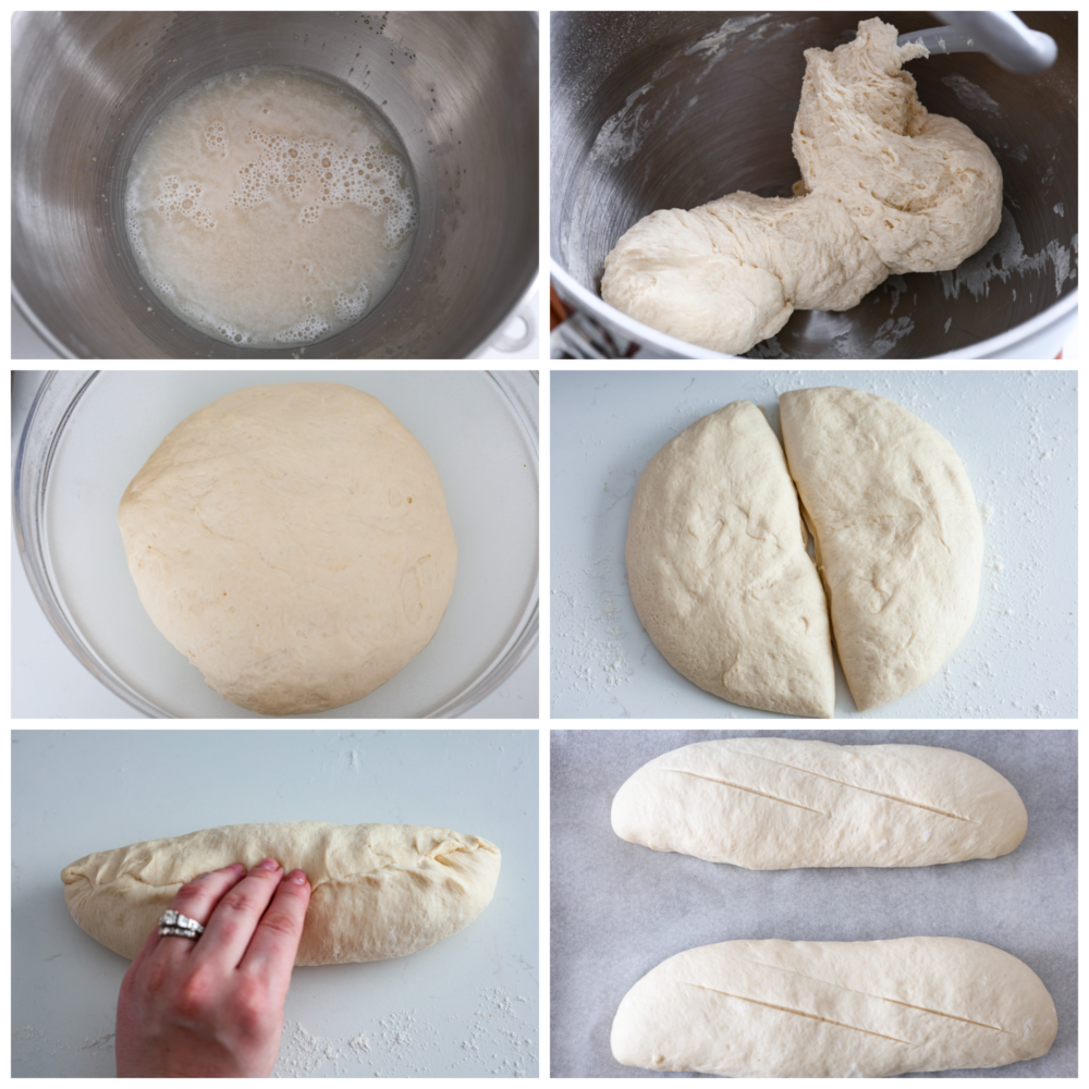 Skip the bakery and make your own artisan Italian bread at home! This bread is perfect for subs and sandwiches of every kind. Besides, no one can resist the smell of fresh bread hot out of the oven! Process photos showing how to liven the yeast, knead the dough, let it rise, divide it, and shape it.