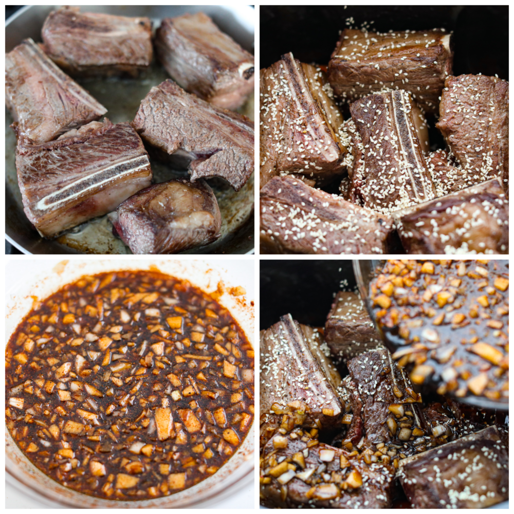 These bone-in Korean short ribs are sticky savory perfection! This recipe is as simple as searing your ribs and tossing them in a marinade and into the crock pot. The result is tender and flavorful meat that will have you coming back for seconds and thirds! Process photos showing how to prepare the meat and sauce and put it all together.