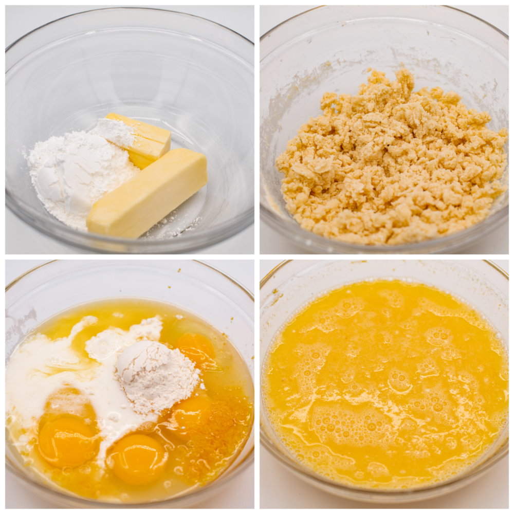 There’s nothing better than a buttery shortbread crust topped with a juicy lemon filling and a sprinkling of powder sugar. This classic recipe for lemon bars is the only one you’ll ever need! It’s happiness in bite-sized pieces. 4-photo collage of crust mixture and lemon filling being prepared.