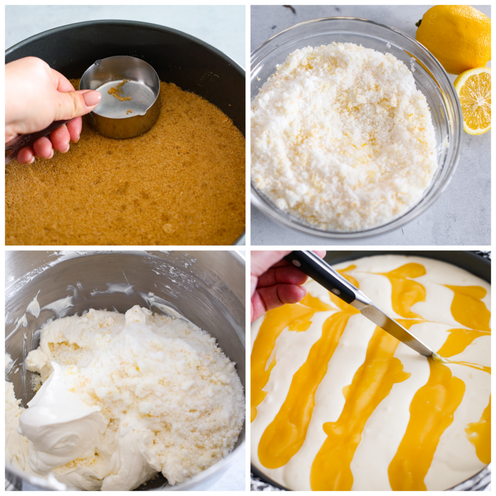 Trust me, you need this dreamy lemon cheesecake in your life. The lemon curd adds the perfect tangy kick to the creamy cheesecake filling, making every bite a smooth, heavenly experience. One slice just won't cut it, you'll want to indulge in the whole cake! 4-photo collage of lemon curd, crust, and filling being prepared.