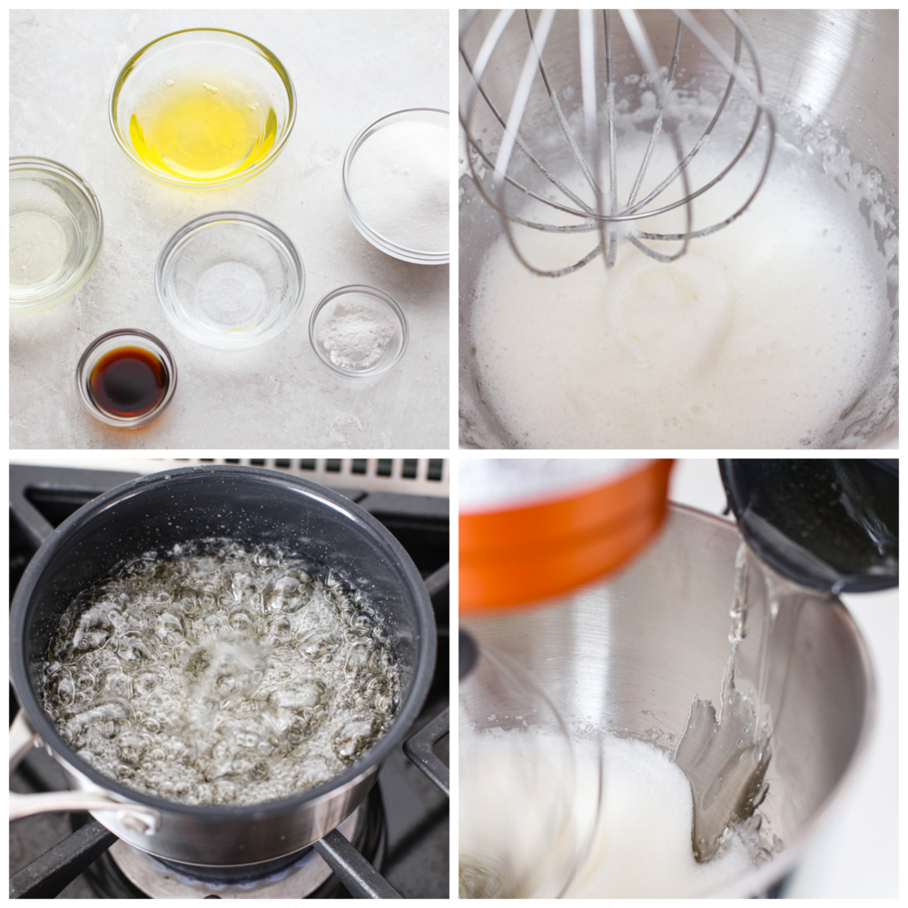 Life is short, make some marshmallow fluff! It’s like a cloud made of sugar and is the ultimate sweet treat. It works as a great topping, cake filling and fruit dip, but is also perfect for eating straight from the jar. I won’t tell! 4-photo collage of ingredients being mixed together.