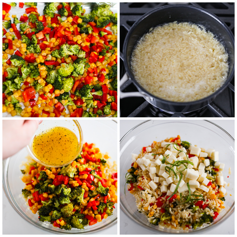 This Orzo Pasta Salad is filled with fresh veggies and zesty lemon flavor that will excite your tastebuds. It's perfect for your next potluck, party, or a refreshing and unique meal this summer. You're going to want to save this recipe for later! Process photos showing how to cook the veggies, the orzo, then add the sauce and put it all together.