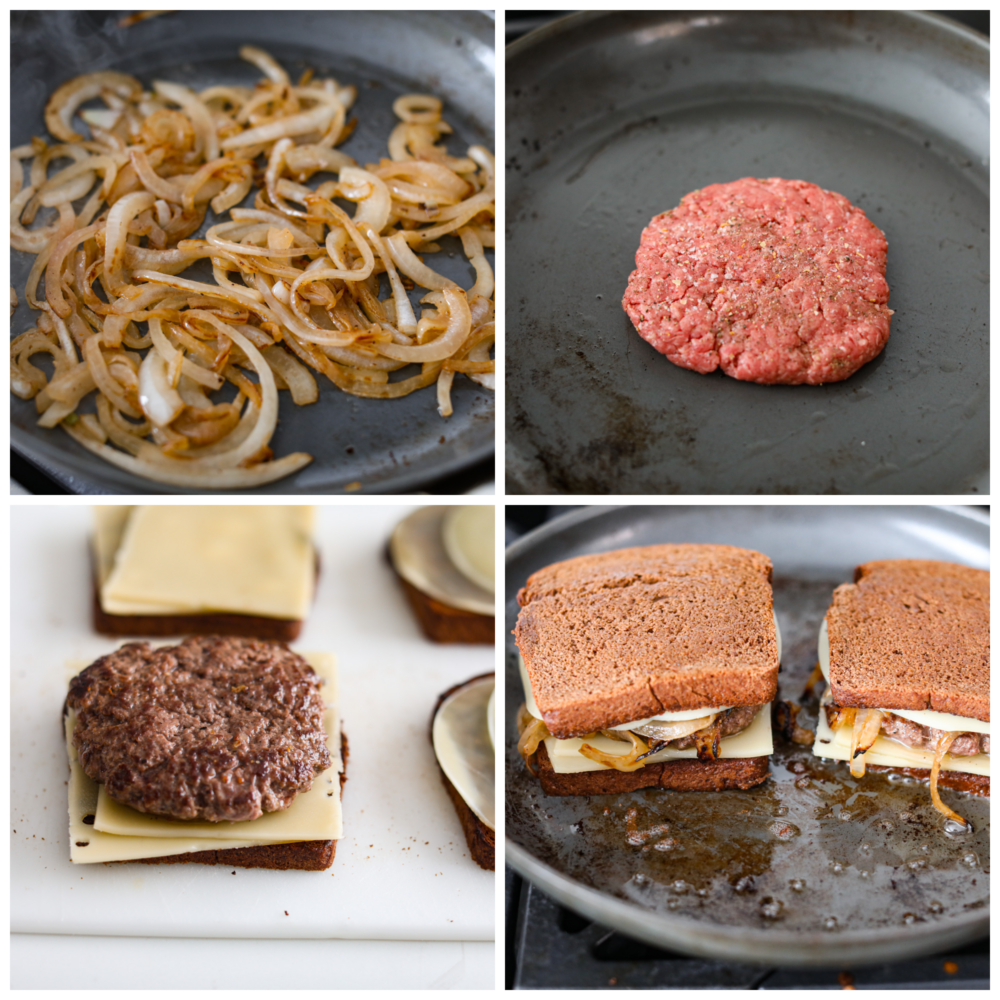 Don't underestimate a homemade patty melt! This is no average sandwich- it's crispy bread filled to the brim with a homemade patty and LOTS of cheese. To top it off, it's got savory and sweet caramelized onions that just make your mouth water. Process photos showing how to caramelize the onions, cook the beef patty, and assemble that sandwich.
