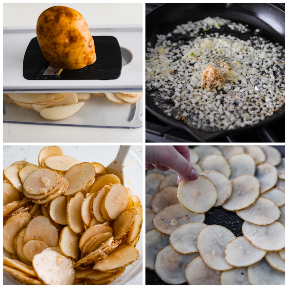 Potato galette is a beautiful side dish made up of thinly sliced potatoes seasoned to perfection and baked until crispy on top and creamy in the middle. They are next-level delicious and really easy to make at home! Process photos showing how to prep the ingredients and put the dish together.