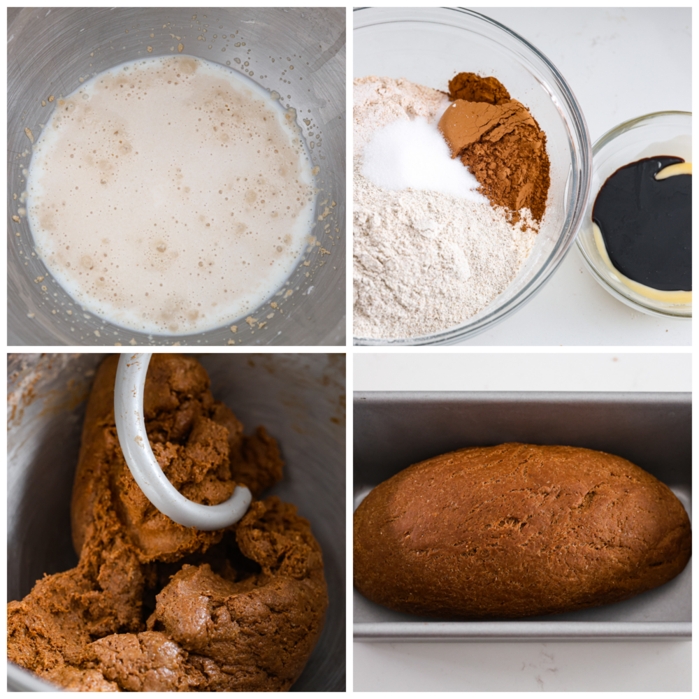 This pumpernickel bread is full of rich and hearty flavor. With three types of flour and brown sugar and molasses, you won't believe how much you can enjoy this nutrient-rich bread! To top it all off, it has cocoa powder to take things to a whole other level. Process photos showing how to activate the yeast, mix ingredients together, and mix the dough.