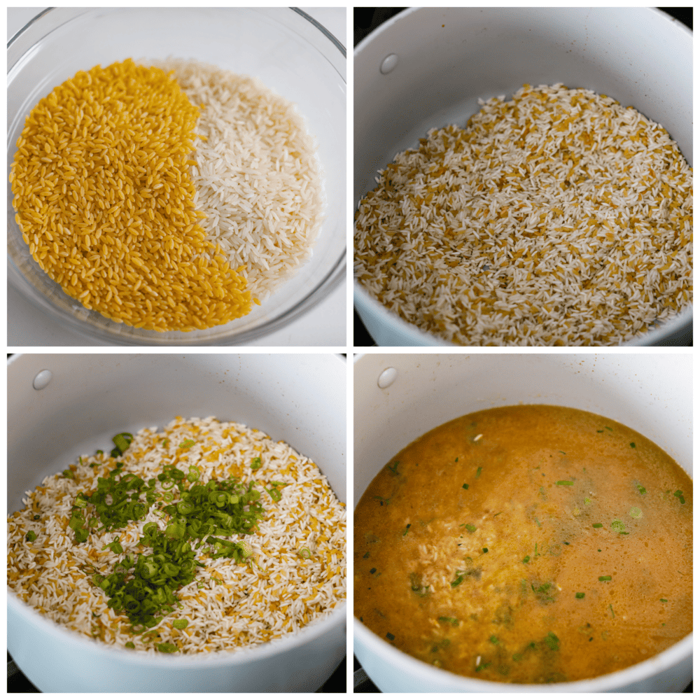 The combination of tender rice, toasty orzo, savory chicken broth, and aromatic green onions creates a mouth-watering medley that will have you coming back for seconds (and maybe even thirds!). Trust me, this rice pilaf will become a staple side dish in your kitchen once you give it a try. It's perfect for pairing with all of your favorite meals! 4-photo collage of rice and orzo being toasted, then combined with green onions and chicken stock to create a pilaf.
