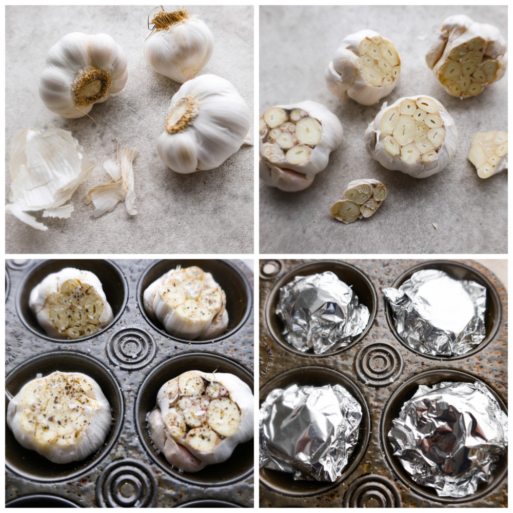 If you want to infuse your favorite recipes with savory, nutty flavor, roasted garlic is the way to go! You can easily make some at home in a muffin tin with a drizzle of olive oil on top to enhance the overall flavor! The end result is caramelized, garlic heaven. 4-photo collage of garlic being prepared with olive oil and seasonings, then covered with aluminum foil.