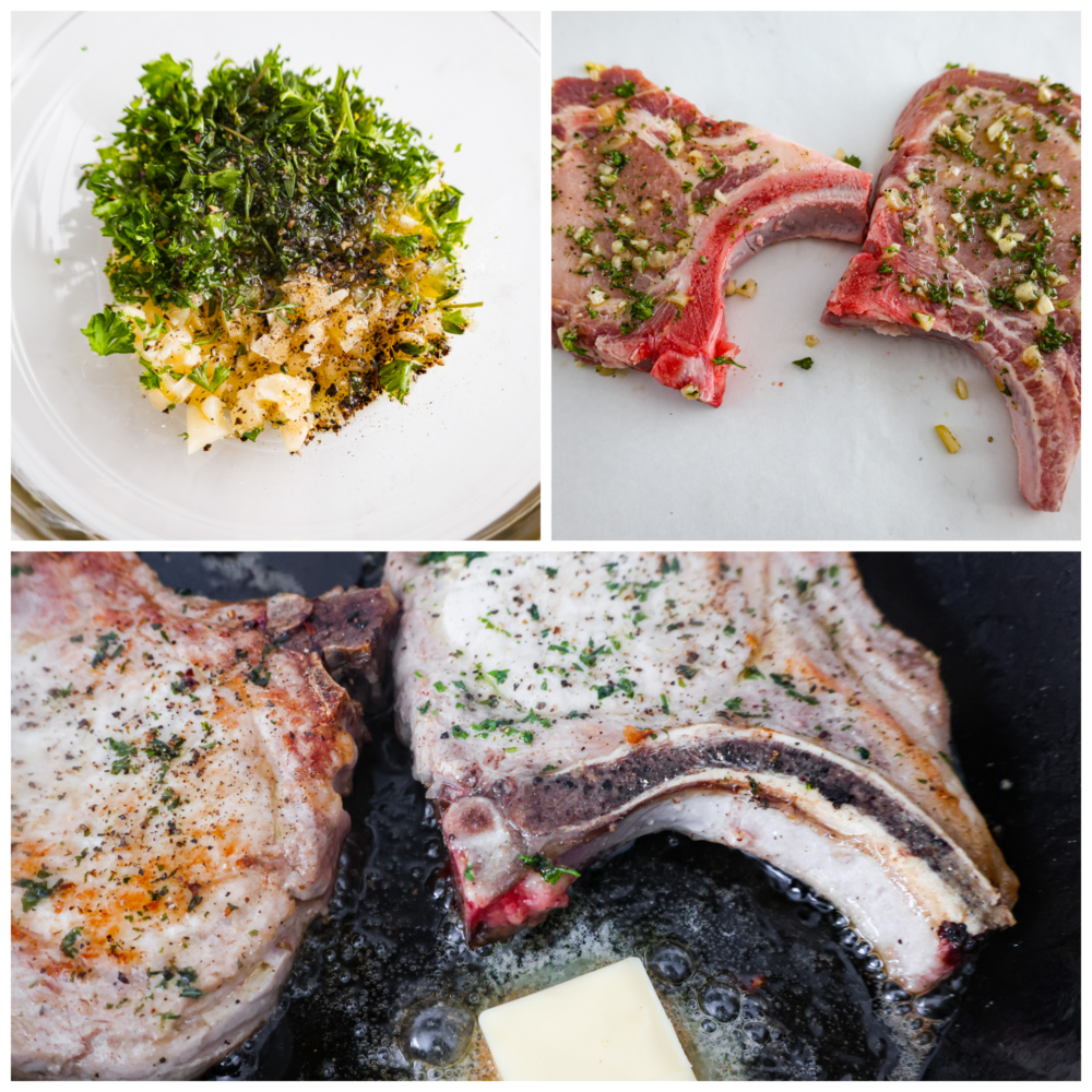 Cast Iron Skillet Pork Chops are a quick and delicious way to serve a satisfying gourmet meal. Bone in pork chops are coated with a garlic herb mixture and seared in a seasoned cast iron skillet for the juiciest and most flavorful pork chop you've ever had! Process photos showing the herb rub being added to the pork and then added to the skillet.