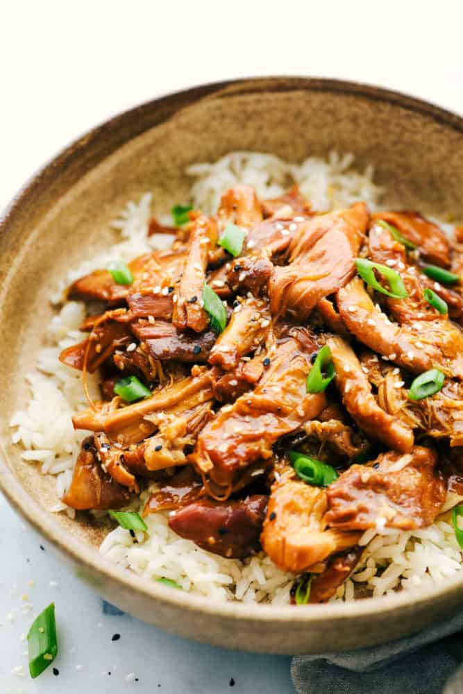 Slow Cooker Honey Garlic Chicken is always a hit at my house! It's chicken thighs cooked in a honey garlic sauce that is infused with soy and hoisin sauce with fresh garlic and ginger covering the boneless chicken thighs for one amazing family dinner. Throw it all together and let the slow cooker do all the work! A picture of the food in a bowl