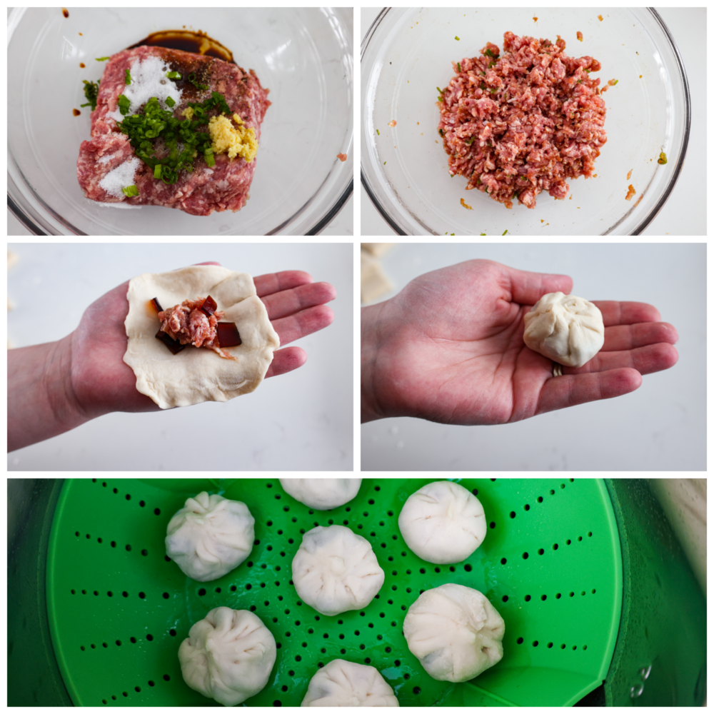 Chinese soup dumplings are delicious homemade wrappers filled with perfectly seasoned pork and soup. Yes, these dumplings are FILLED with soup! How do you get soup inside of a dumpling? It's like magic! This recipe is simple, delicious, and something everyone will enjoy. Process photos showing how to mix the filling, add them to the dough, and steam them.
