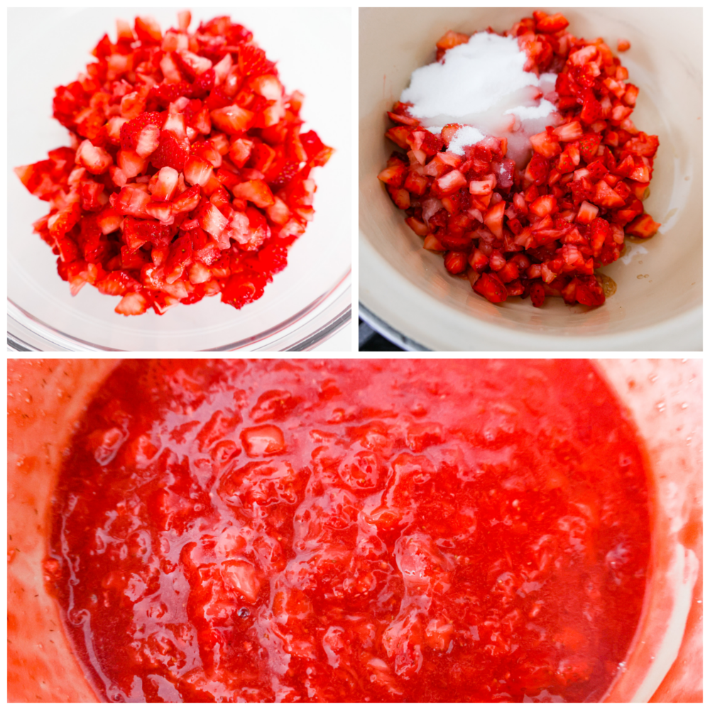 This quick and easy recipe for Homemade Strawberry Sauce is a must-have! This is a great way to use up fresh summer strawberries or to keep the ones you have in the fridge from going bad. I include plenty of tips for making your sauce thinner or thicker and glossier, too! Process photos showing how to add the ingredients to the pot.