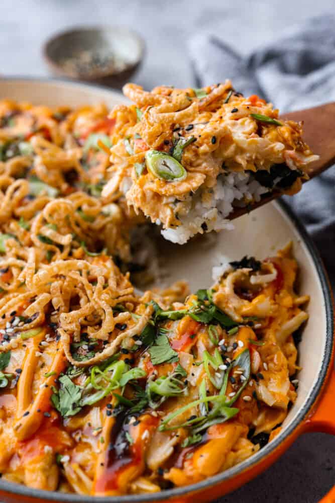 My simple Sushi Bake has all the flavors you love about sushi in an easy, no-roll casserole-style dish. Itโs faster, more affordable, and perfect for feeding a crowd without sacrificing that sushi fix. A close up on a slice of the sushi bake.
