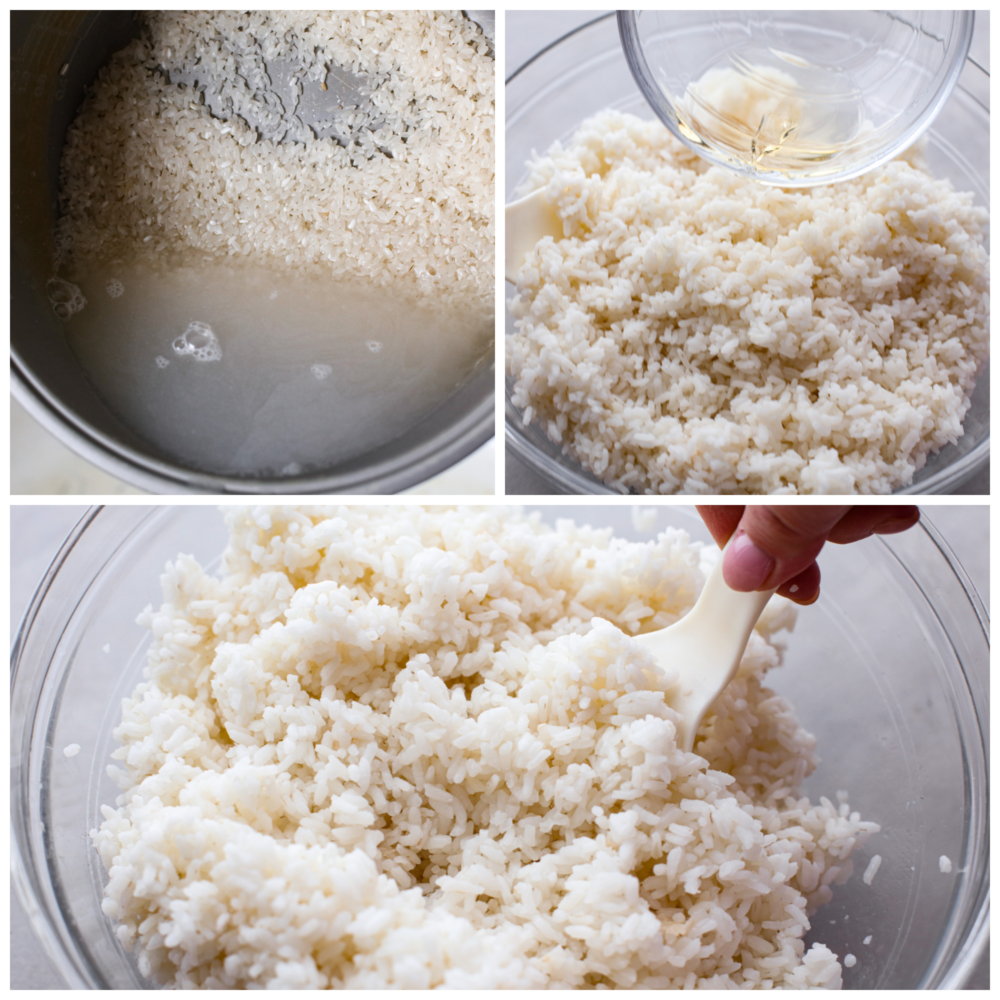 If you are obsessed with sushi like I am, it's time you learned to make Sushi Rice at home! It's so sticky and delicious, and easier than you may think. Impress your friends with a sushi night in! Process photos showing how to drain the rice and add the vinegar.