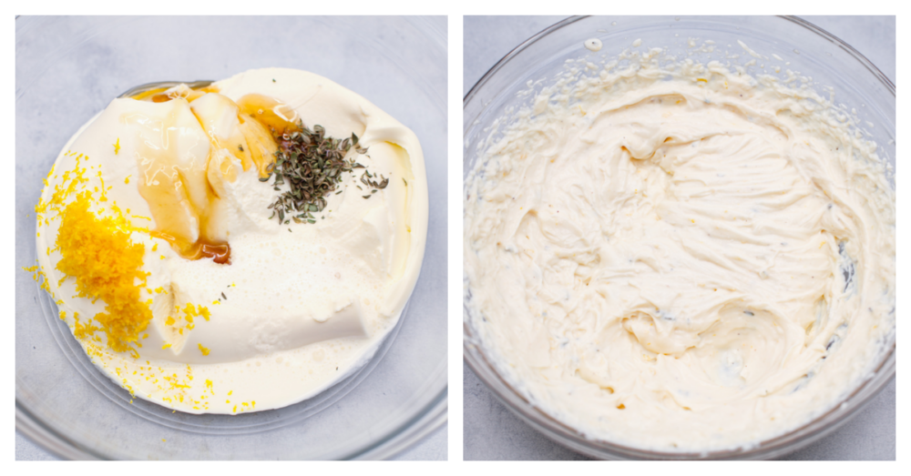 This whipped ricotta made with lemon, honey, and fresh herbs is going to be your new favorite dip. (It also doubles as a spread!) It's light and creamy, but so flavorful! Serve it up with your favorite pita chips and you have an appetizer that's perfect for enjoying all spring and summer long. 2-photo collage of dip ingredients being mixed together.
