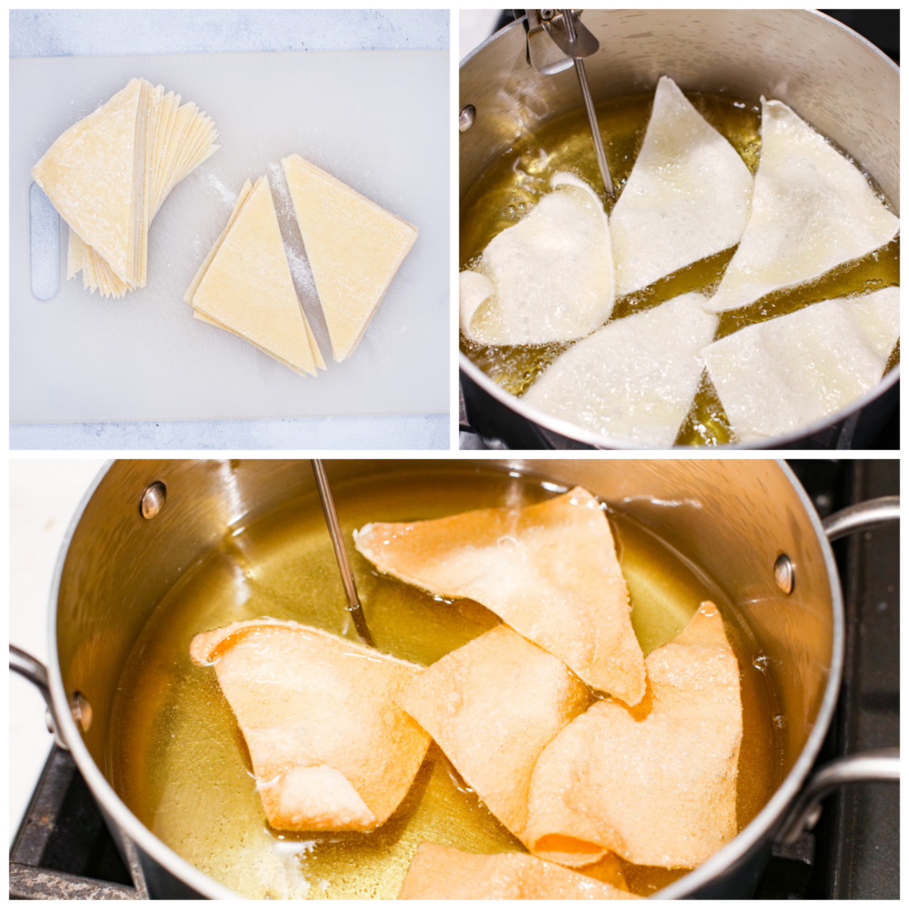 Get ready to up your snack game, because I've got a game-changing recipe for you: wonton chips are where it's at! These golden, crispy triangles are the perfect vessel for all your favorite dips, from guacamole to hummus to sweet and sour sauce. Once you get a taste of that heavenly crunch, you'll wonder how you ever lived without them. 3-photo collage of wonton wrappers being fried in oil.