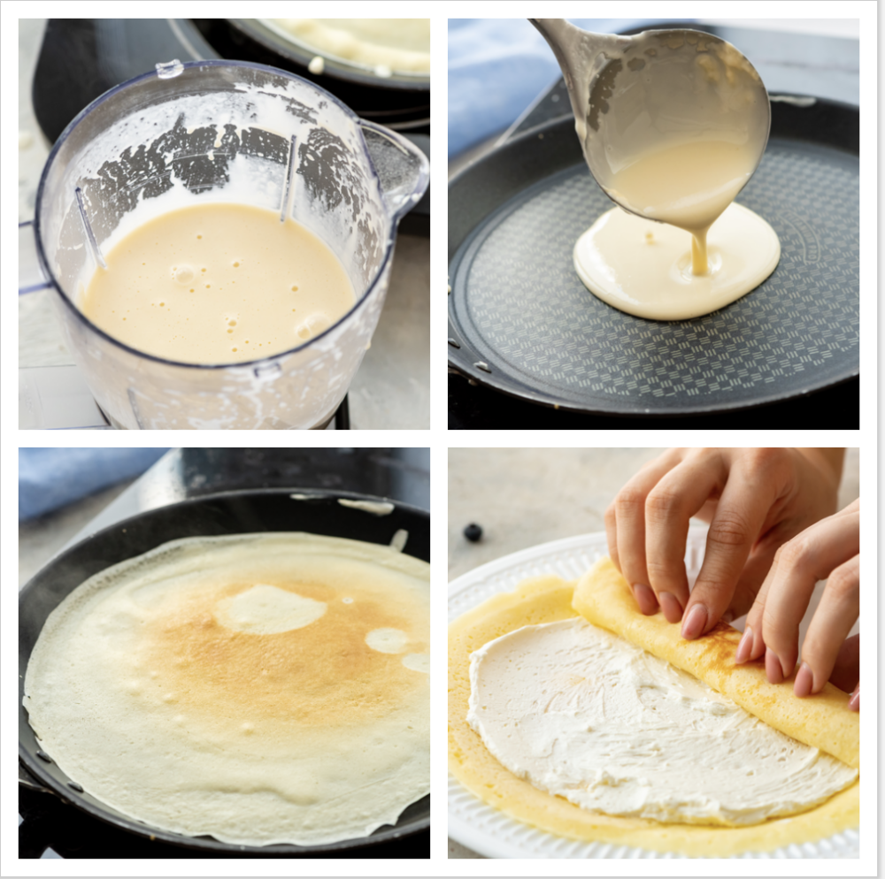Crepes are thin and delicate French pancakes served with endless topping options such as fruit, sauces, and whipped cream. The batter is easily blended and cooked into tender foldable perfect crepes. First photo of blended crepe batter. Second photo of pouring the batter onto the skillet. Third photo of the cooked crepe in the skillet. Fourth photo of the filling spread onto a crepe and folding up.