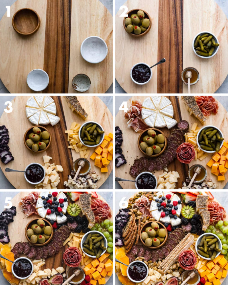 Charcuterie boards are the ultimate party trick that never fail to impress! These beautiful displays of meats, cheeses, fruits, and nuts are not only eye-catching but also incredibly delicious. Don't be intimidated by how Pinterest-worthy they look, because assembling one is a lot easier than you think. Here are all the ins and outs on how to make a charcuterie board at home! 6-photo collage of how to make a charcuterie board.