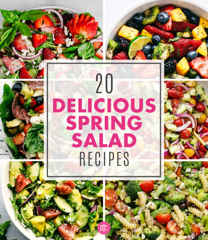 Spring salads are fresh, colorful, and full of flavor! This amazing roundup of incredible recipes is perfect for springtime, barbecues, and potlucks. With how delicious they are, you'll forget you're getting your daily dose of fruits and veggies! A collage of 6 salads, with the text "20 delicious spring salad recipes" in the center.