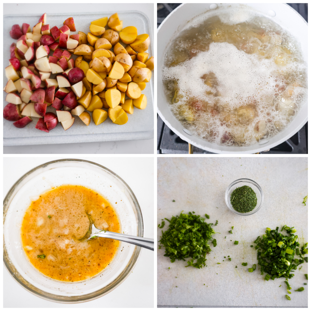 This French potato salad is a tasty mix of tender potatoes, green onions and herbs, all tossed in a zesty Dijon vinaigrette. The end result is a light and delicious side dish packed with bold flavor in every bite. 4-photo collage of potatoes being cooked and the vinaigrette being prepared.