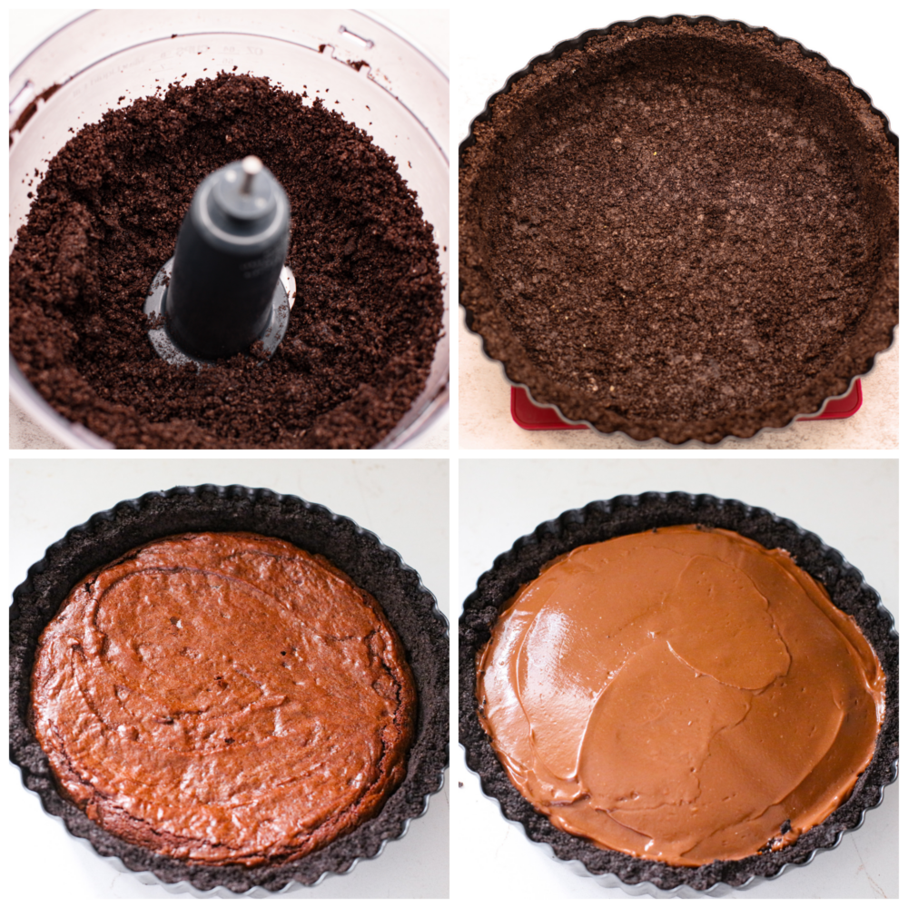 Chocolate lovers, this Mississippi Mud Pie is for you! A silky chocolate filling topped with whipped cream and chocolate shavings, all eaten on an Oreo crust. It doesn't get much more delicious than that! 3 photos showing how to make the Oreo crust and how to add in the different layers of brownie and chocolate.