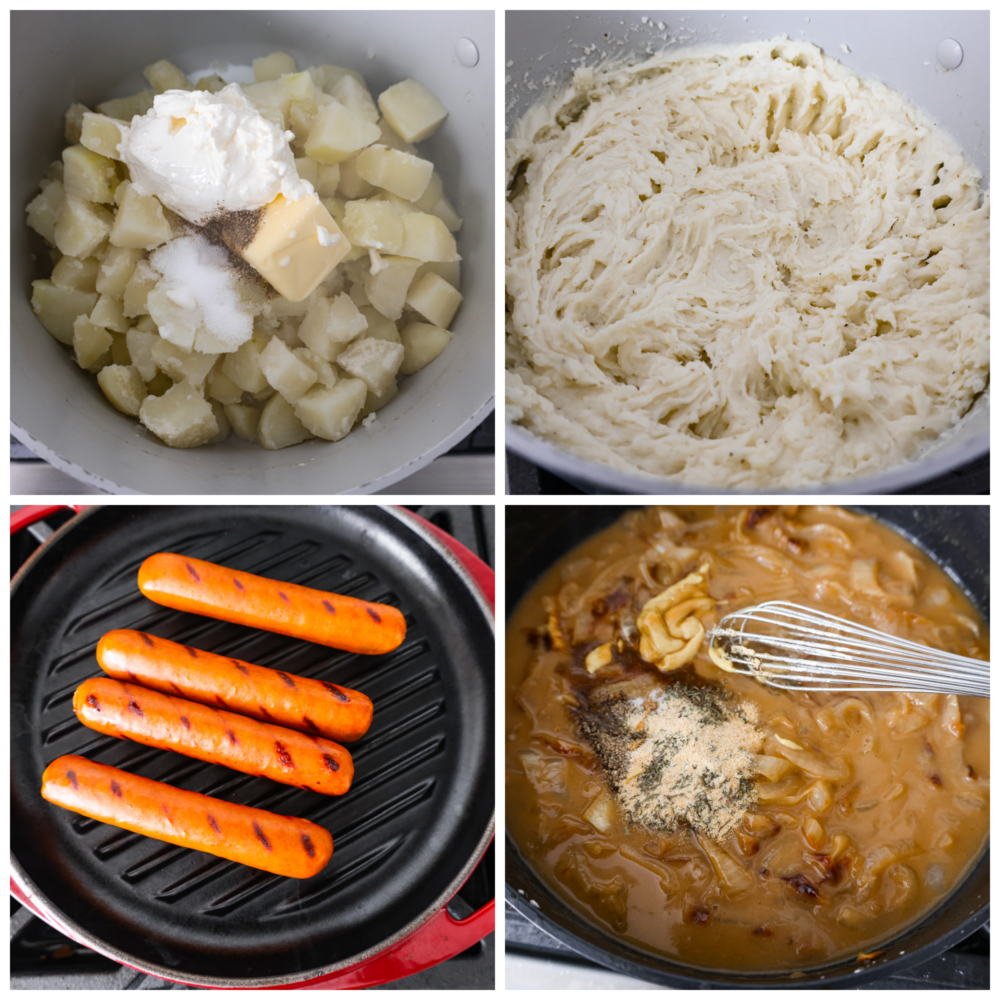 Bangers and mash, a classic British dish, is hearty comfort food at its finest! You'll love these fluffy mashed potatoes and flavorful pork sausages all smothered in a caramelized onion gravy. There's a reason why it's an English favorite! 4-photo collage of the mashed potatoes, sausages, and gravy being prepared for bangers and mash.