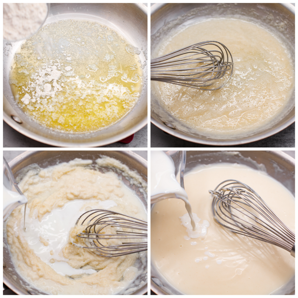 Bechamel sauce is just the creamy, dreamy sauce you need in your life! It's smooth and velvety and can be used in a variety of dishes, from mac and cheese to lasagna. Once you get a taste of its creamy, subtly savory flavor, you'll be hooked! 4-photo collage of sauce ingredients being mixed together in a saucepan.