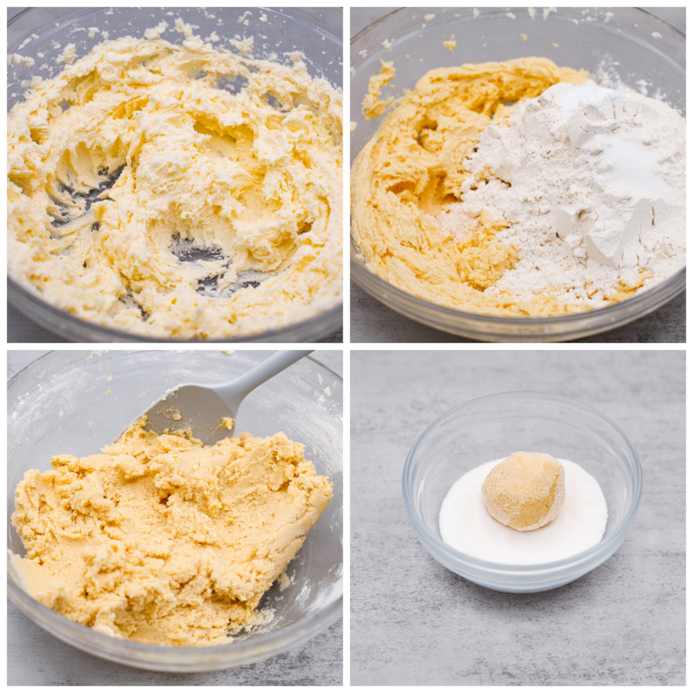 These soft sugar cookies are perfectly chewy on the inside with sweet golden edges on the outside! The drop-style method makes these the easiest sugar cookies you will ever make, and everyone will fall in love with the chewy texture. First photo of the butter and sugar creamed together. Second photo is the flour added to the creamed mixture. Third photo is the sugar cookie dough mixed. Fourth photo is a ball of dough rolled in a bowl of sugar.