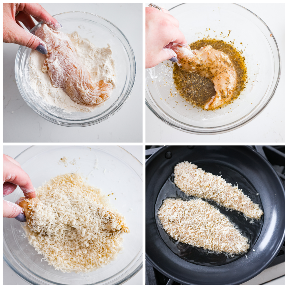 Deliciously seasoned chicken cutlets are breaded and pan-fried until golden brown and crispy. Chicken Milanese is a classic Italian recipe that is fast, easy, and sure to be a weeknight favorite! First process photo is a slice of chicken being dipped in a bowl of flour. Second process photo is the chicken being dipped in the egg mixture. Third process photo is the chicken piece being dipped in the breadcrumb and cheese mixture. Fourth process photo is the chicken frying in a skillet.