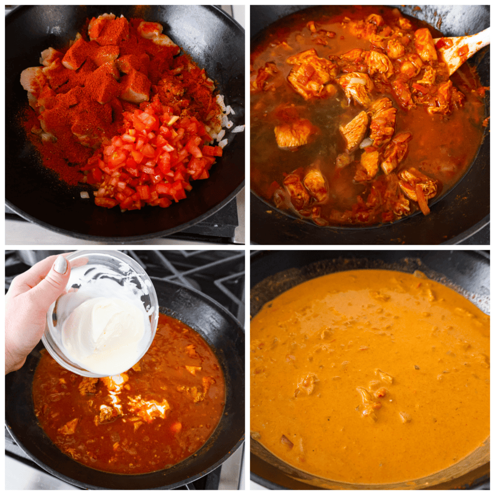 Indulge in a rich and creamy Chicken Paprikash that is so delicious, and it pairs perfectly over noodles. This classic Hungarian dish combines tender chicken with a flavorful blend of smoked paprika, onions, garlic, and tomatoes. 4 pictures in a collage showing the steps on how to add the ingredients to the pan.