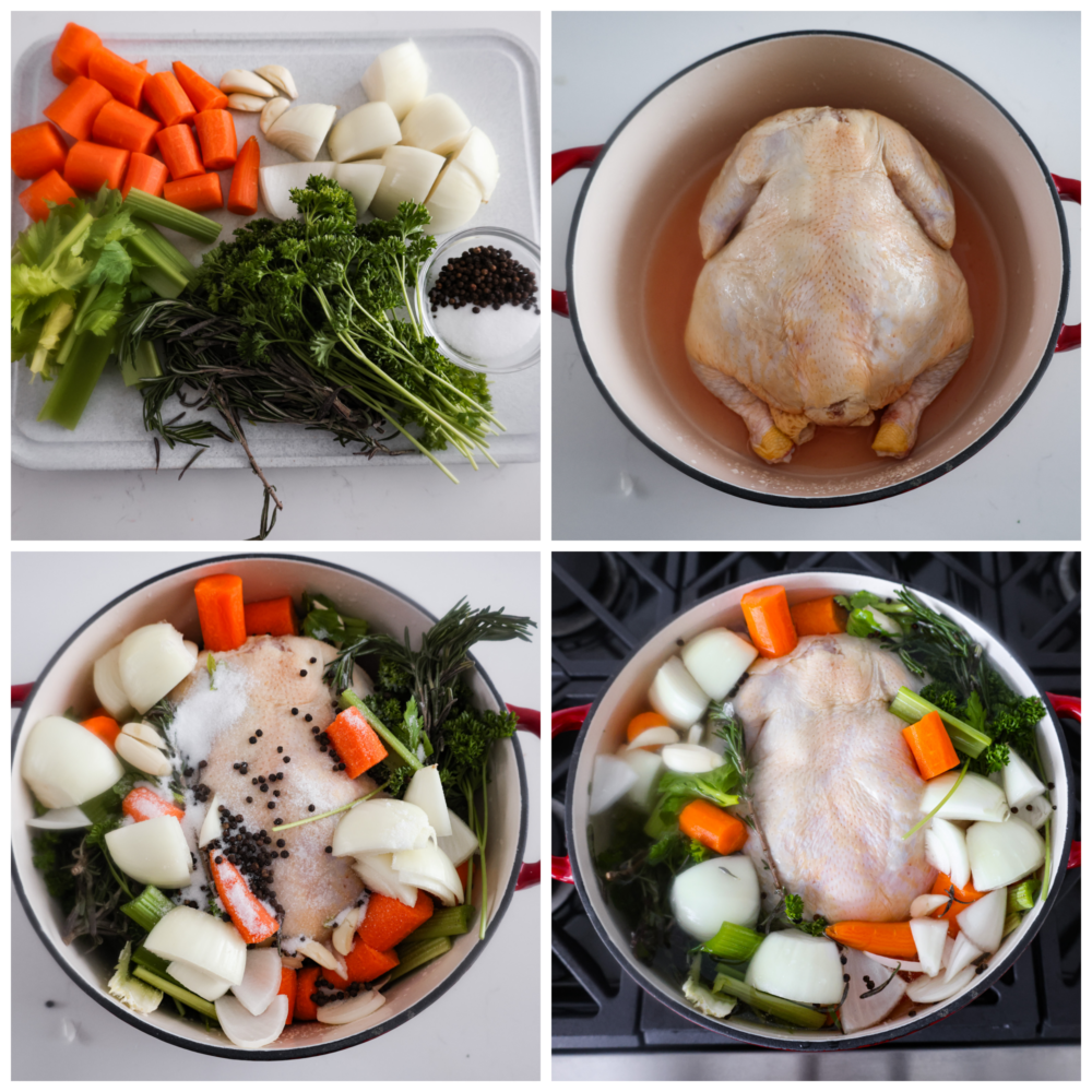 This homemade chicken broth recipe is a keeper and you will love all the many uses you can get out of it! Chicken broth is a staple cooking ingredient used in soups, casseroles, sauces, and many more everyday recipes. First photo of chopped veggies, herbs, and seasonings. Second photo of an entire chicken in a stock pot. Third photo of veggies and seasonings in the pot. Fourth photo of the chicken, vegetables, and water added on top.