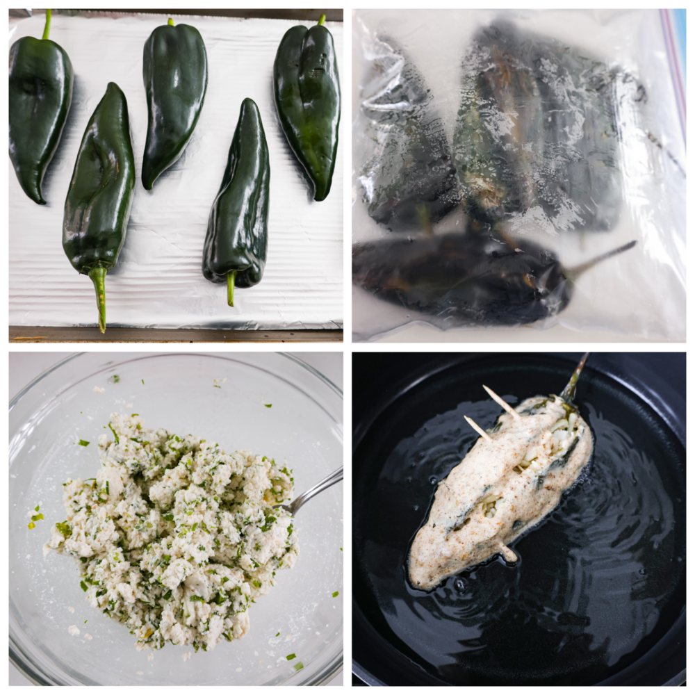Chile rellenos feature roasted poblano peppers stuffed with a delightful blend of queso fresco and Monterey jack cheese, dipped in a light and fluffy batter, then fried to golden perfection. With its crispy exterior and gooey, cheesy interior, this Mexican appetizer will leave you craving for more. 4-photo collage of peppers being stuffed with cheese and fried.