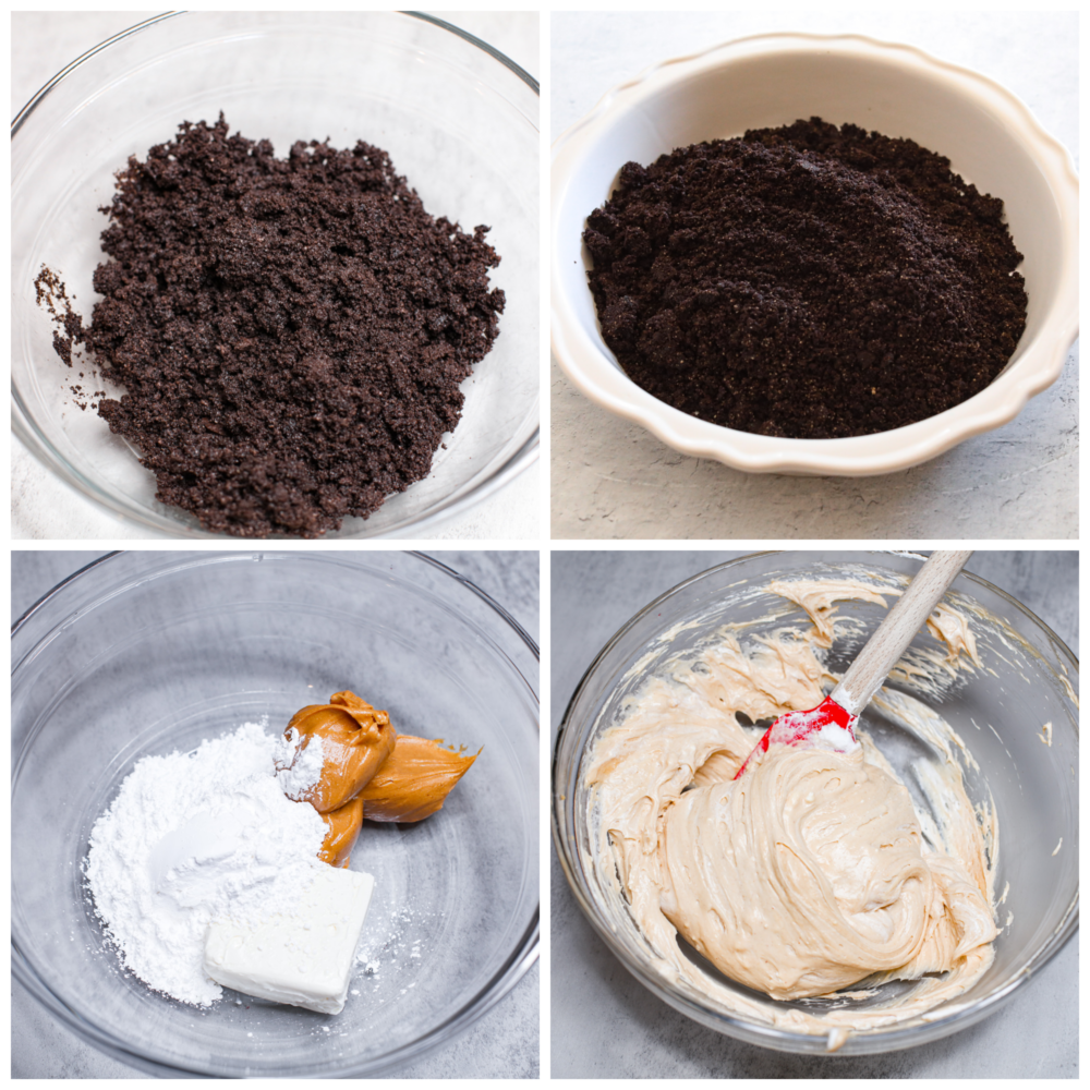 A fluffy, whipped peanut butter filling on top of an Oreo crust, all topped with chocolate ganache- what could be better than that? This chocolate peanut butter pie is the perfect dessert for anyone wanting something smooth, rich and indulgent! 4-photo collage of the crust and filling being prepared.