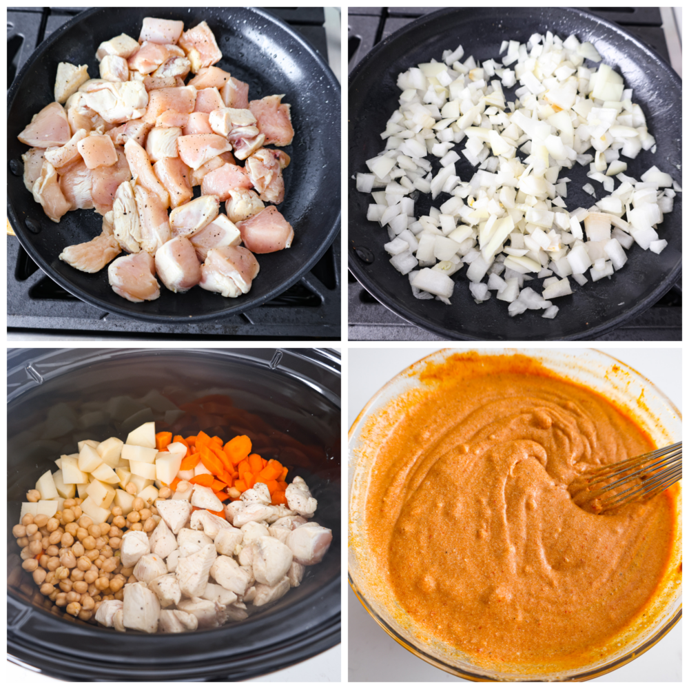 Coconut curry chicken is a mouthwatering dish that combines tender chicken, hearty vegetables, and a blend of aromatic spices, all simmered in a luscious coconut milk sauce. Serve it up with naan and basmati rice for a meal your family won’t be able to get enough of! 4-photo collage of chicken and veggies being sauteed, then added to a slow cooker with the curry sauce.