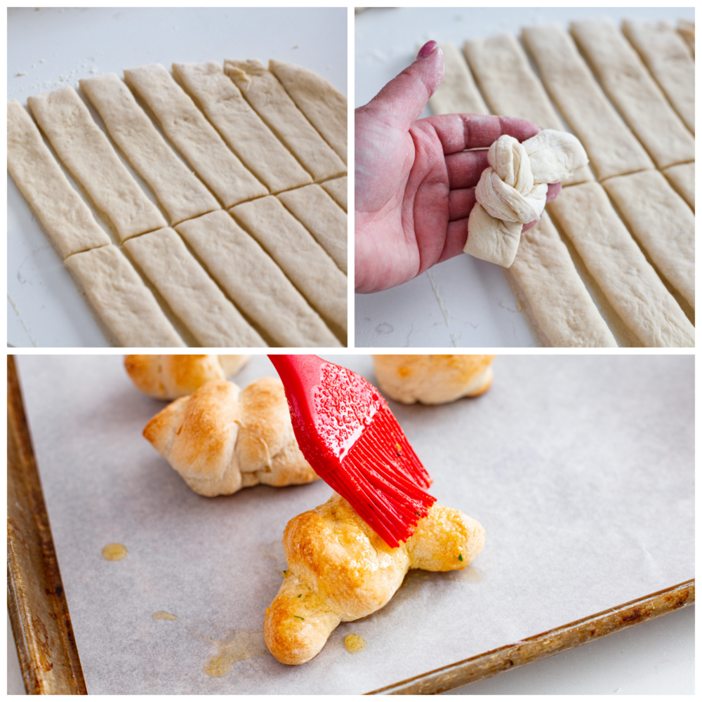 Homemade garlic knots work for any meal and are super easy to make. They're coated with a mouthwatering garlic spread made from butter, garlic powder, parmesan cheese, and fresh herbs! Serve them up with your favorite Italian dish and marinara sauce for dipping. It's the best combination! 3-photo collage of dough being tied and brushed with a butter mixture.