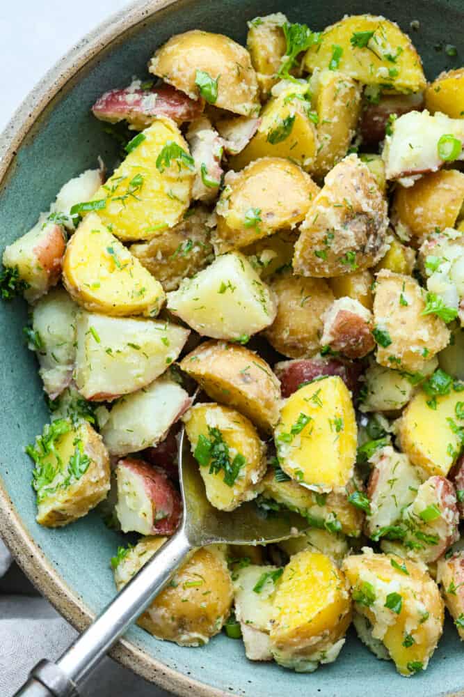 This French potato salad is a tasty mix of tender potatoes, green onions and herbs, all tossed in a zesty Dijon vinaigrette. The end result is a light and delicious side dish packed with bold flavor in every bite. Closeup of French potato salad.