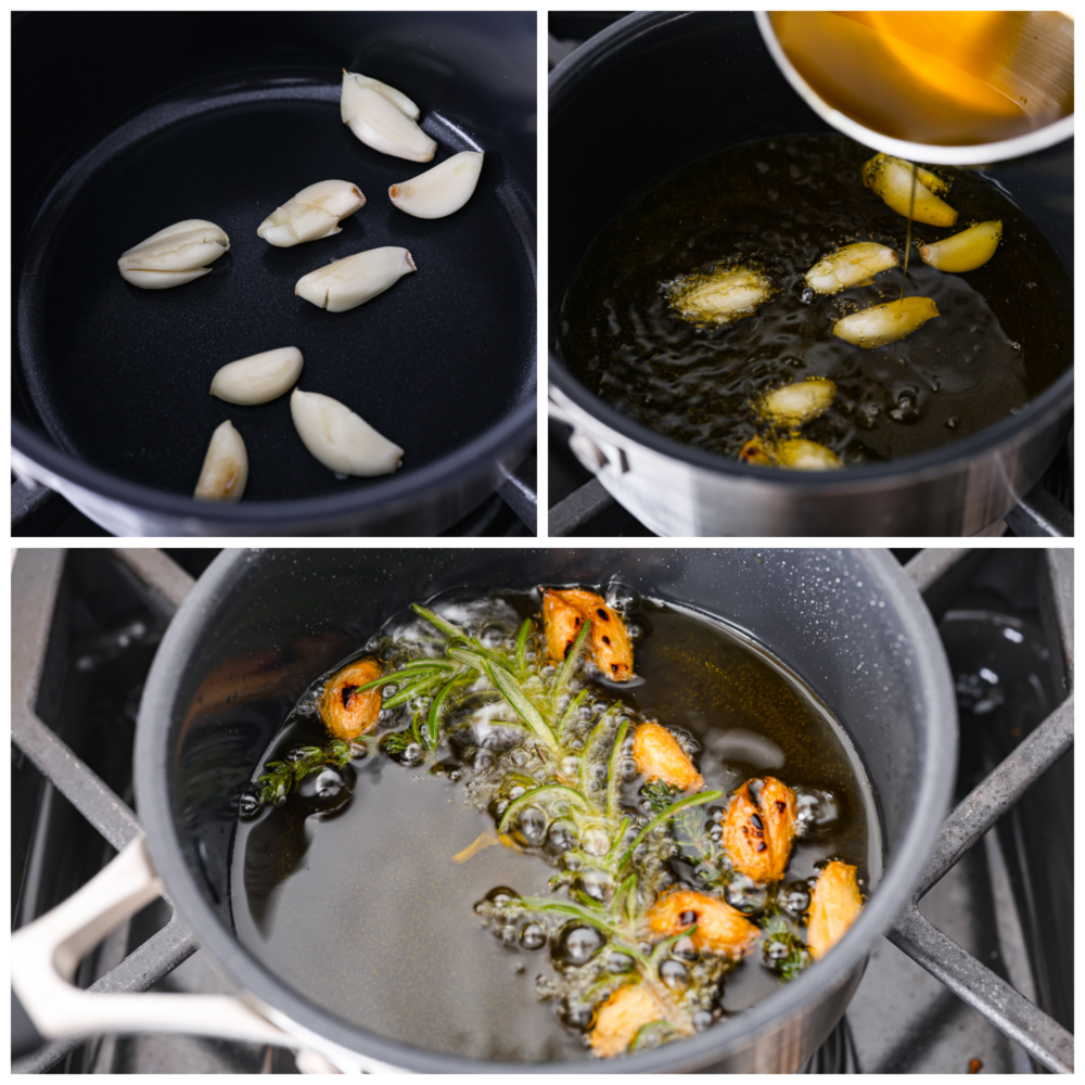 If you're anything like me, then you know that garlic is one of the best ingredients in the kitchen. And when you infuse it into some good quality olive oil, well, get ready for some serious magic! 3-photo collage of olive oil in a pot being infused with garlic and herbs.
