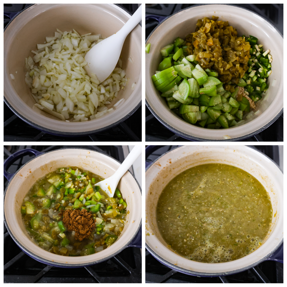 If you have some favorite enchiladas that are in need of a delicious sauce, look no more! This Homemade Green Enchilada Sauce is so delicious and packed with flavor. You will want to have it on hand all the time! A collage of 4 pictures showing how to add the ingredients to the pot and cook them.