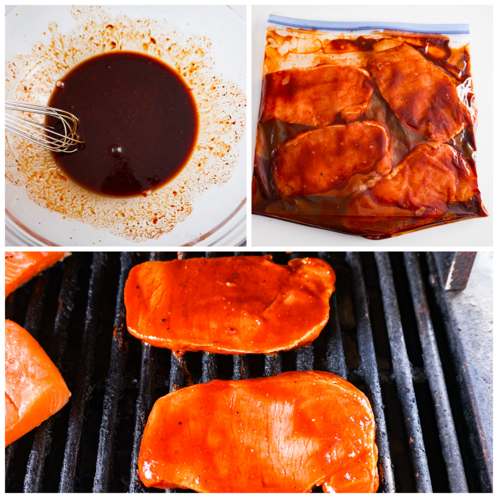 Get ready to take your pork chops to a whole new level with these BBQ Pork Chops. Grilled to perfection, they are juicy, tender, and bursting with tangy goodness. Prepare to impress your taste buds with this simple yet delicious dish. 3 pictures in a collage showing the marinade in a bowl, the pork chops marinating in the sauce in a bag and the bbq pork chops cooking on the grill.